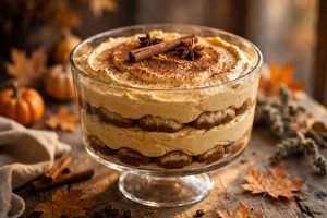 Finished pumpkin tiramisu in a glass trifle dish, dusted with cocoa and cinnamon