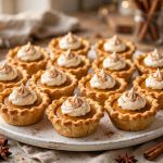 Pumpkin pie bites with whipped cream and cinnamon on a white platter