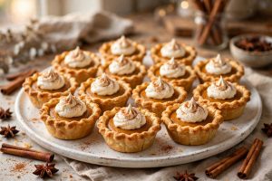 Pumpkin pie bites with whipped cream and cinnamon on a white platter