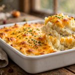 Make ahead mashed potato casserole with golden cheddar topping in a white baking dish