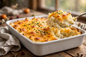 Make ahead mashed potato casserole with golden cheddar topping in a white baking dish