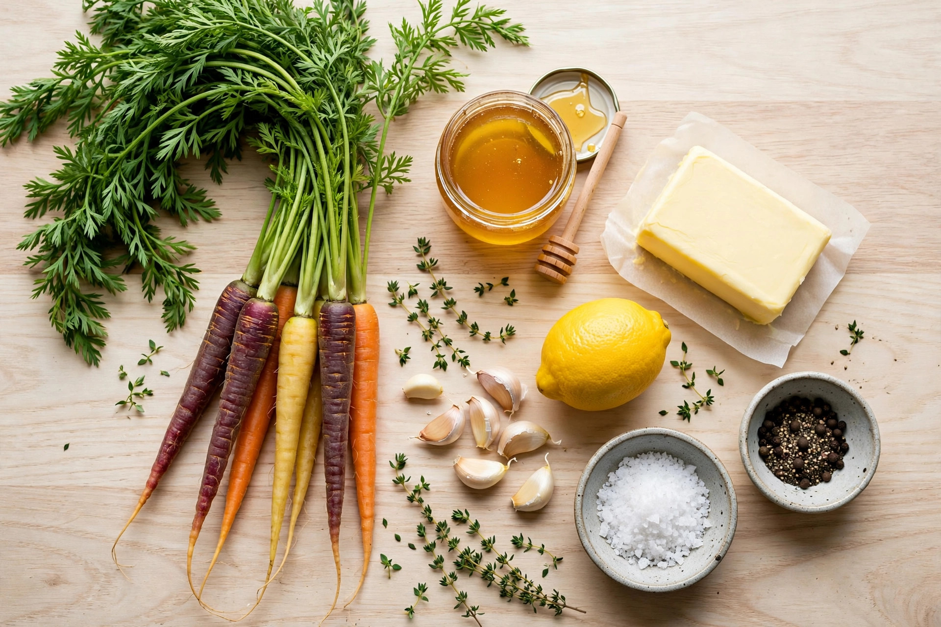 Ingredients for honey glazed carrots with brown butter