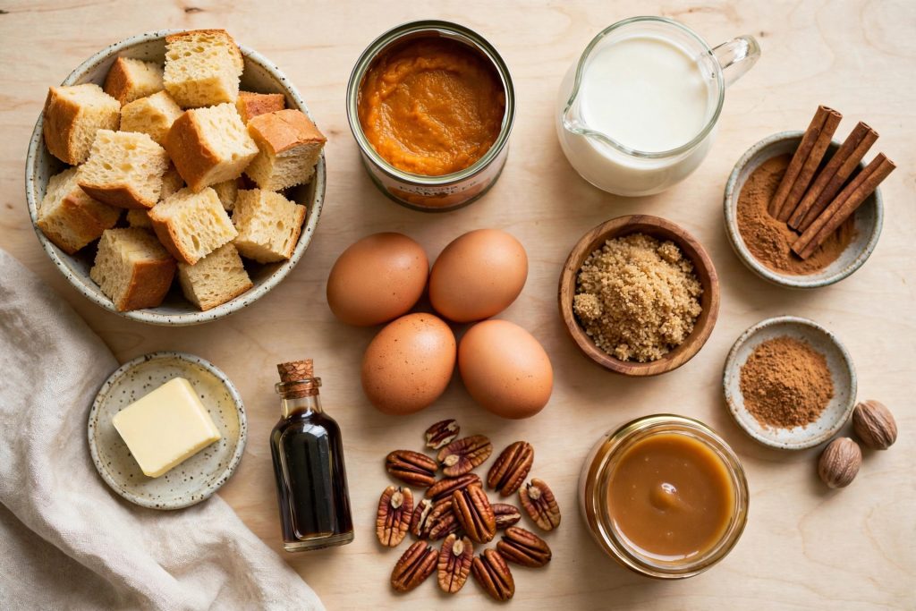 Pumpkin bread pudding ingredients: brioche cubes, pumpkin puree, eggs, cream, brown sugar, spices, pecans and caramel sauce
