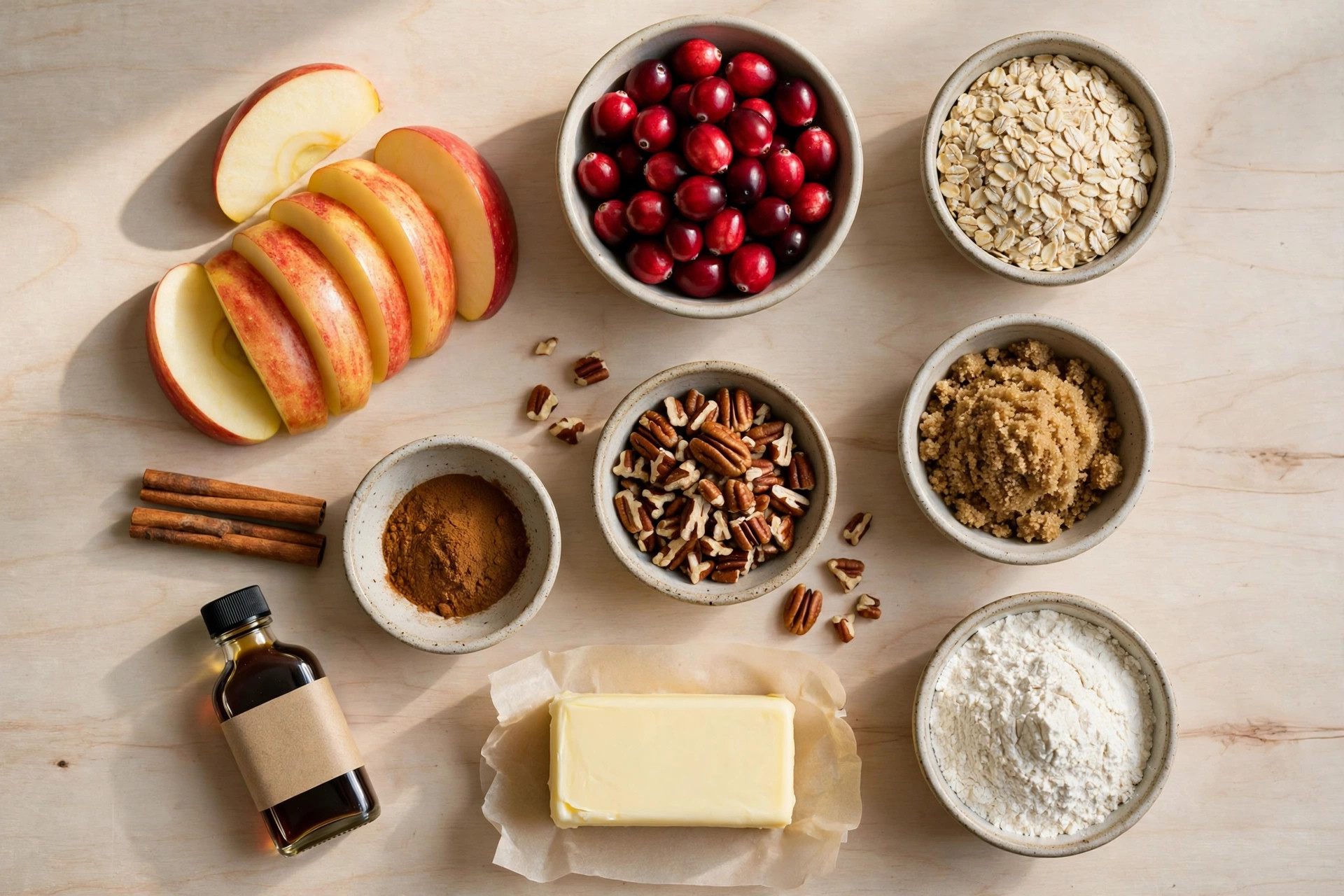 Ingredients for apple cranberry crisp: sliced apples, fresh cranberries, oats, pecans, butter and cinnamon