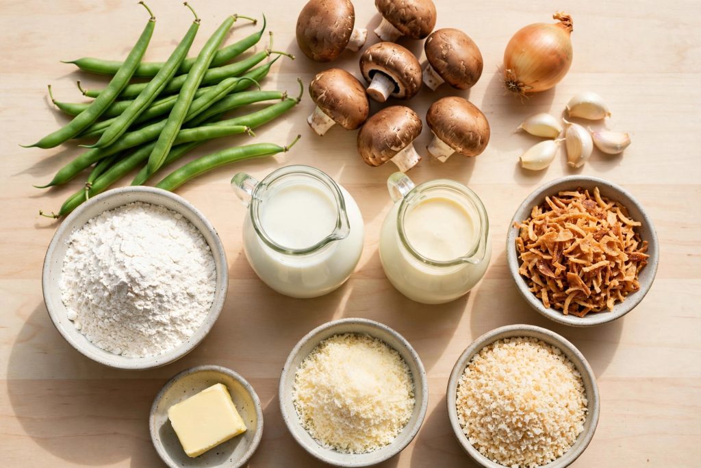 Ingredients for green bean casserole from scratch, including fresh green beans, mushrooms, shallots, cream and seasonings