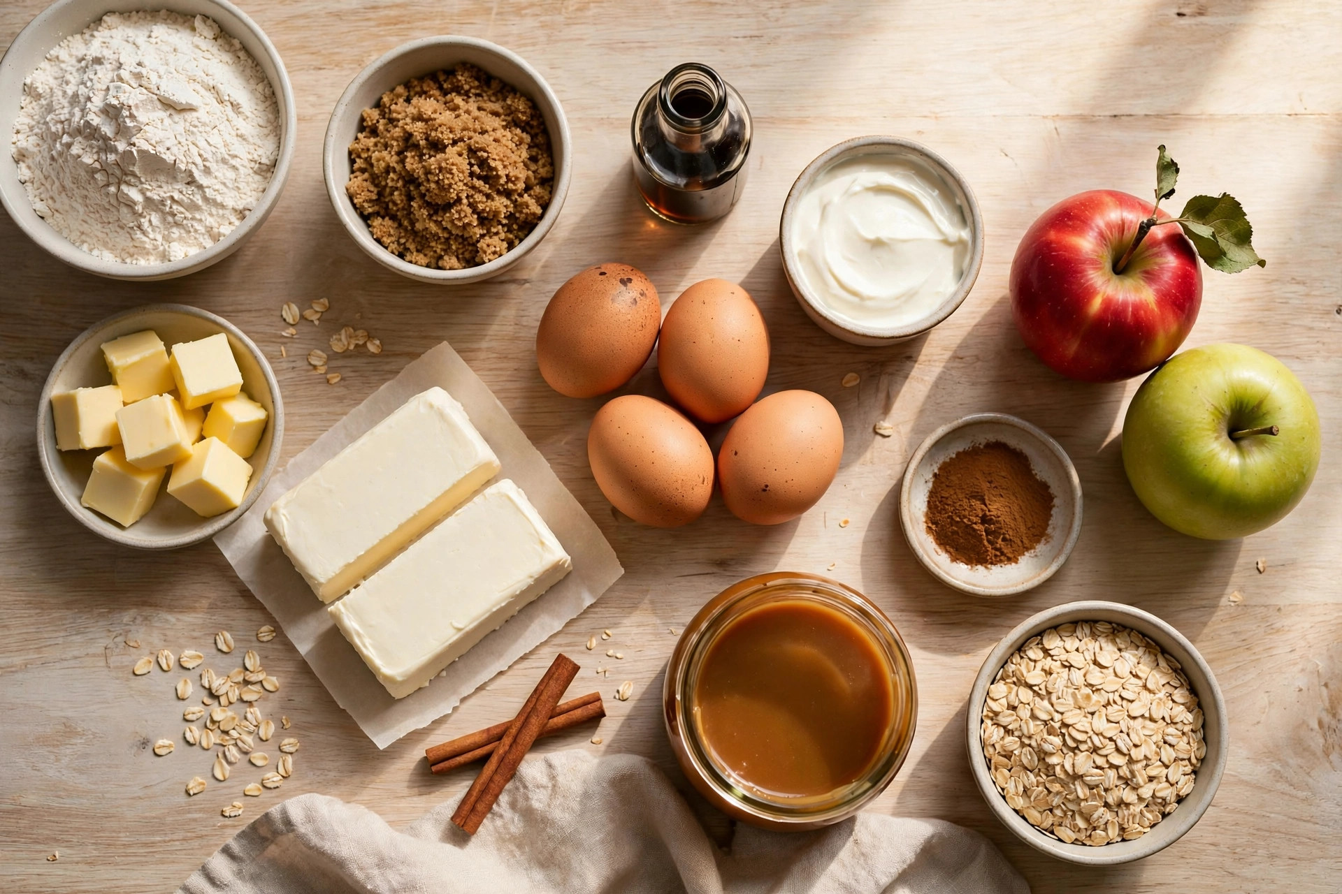 Ingredients for caramel apple cheesecake bars arranged in a flat-lay