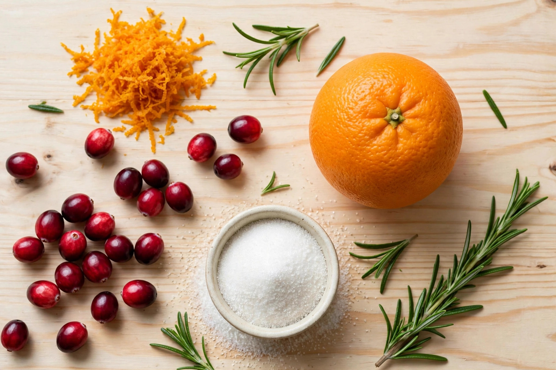 Fresh cranberries, a whole orange, sugar and orange zest arranged for cranberry orange relish