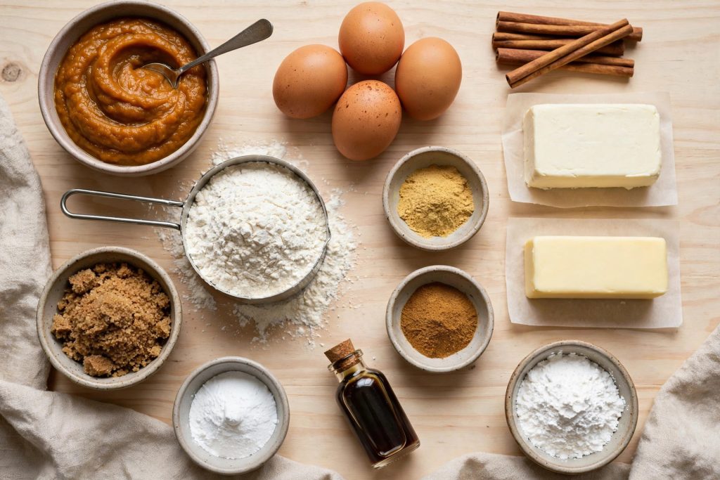 Flat-lay of pumpkin whoopie pie ingredients