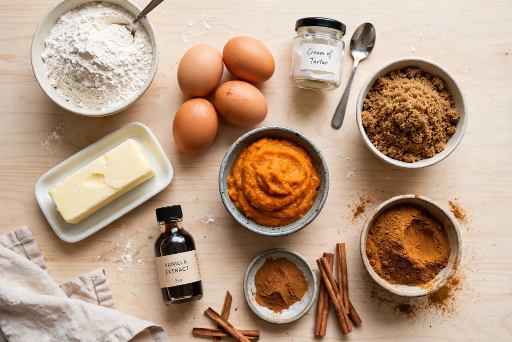 Ingredients for pumpkin snickerdoodles: flour, pumpkin puree, cream of tartar, butter, sugars and spices in a flat lay