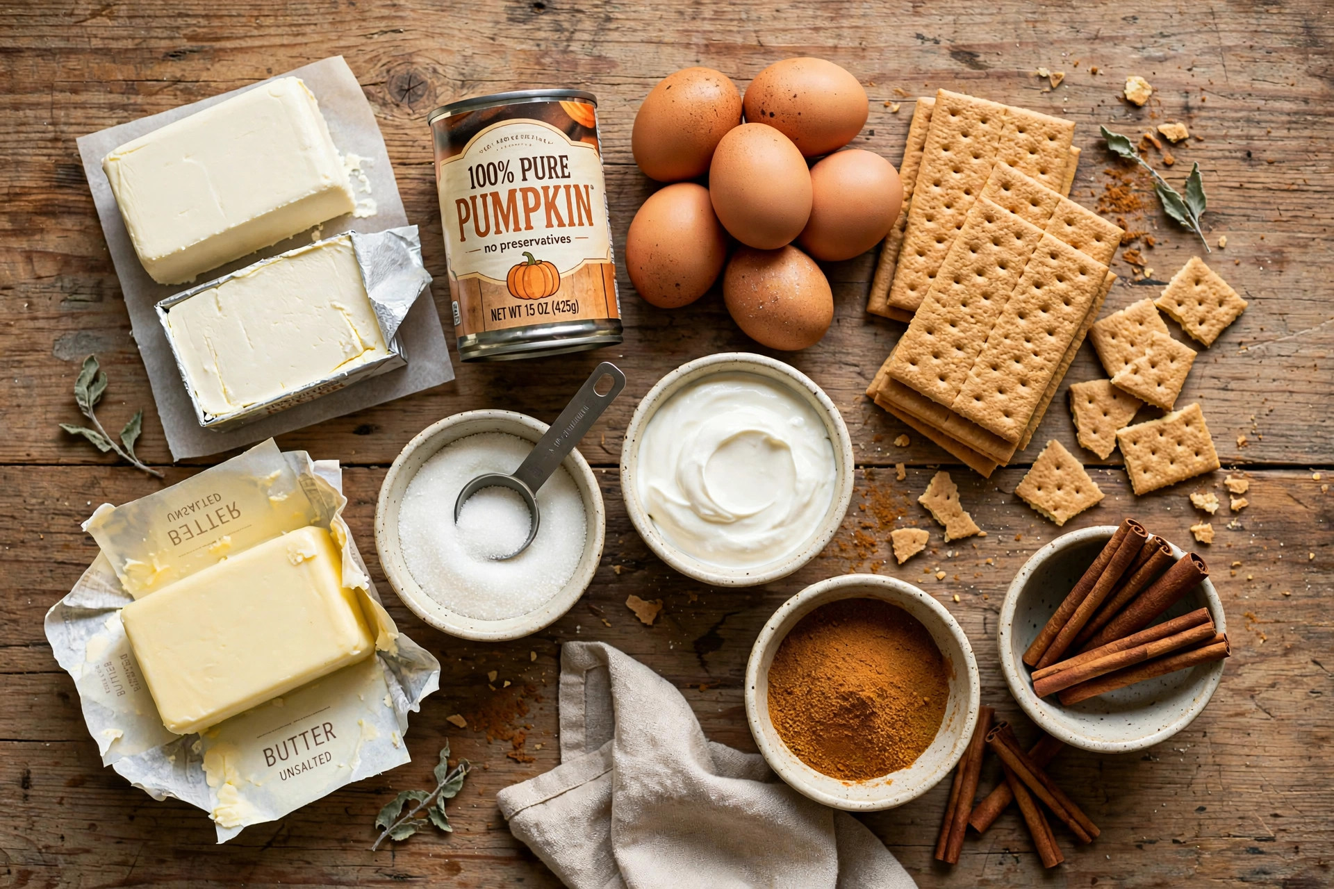Pumpkin pie cheesecake ingredients arranged on a table, including pumpkin puree, cream cheese, eggs and spices