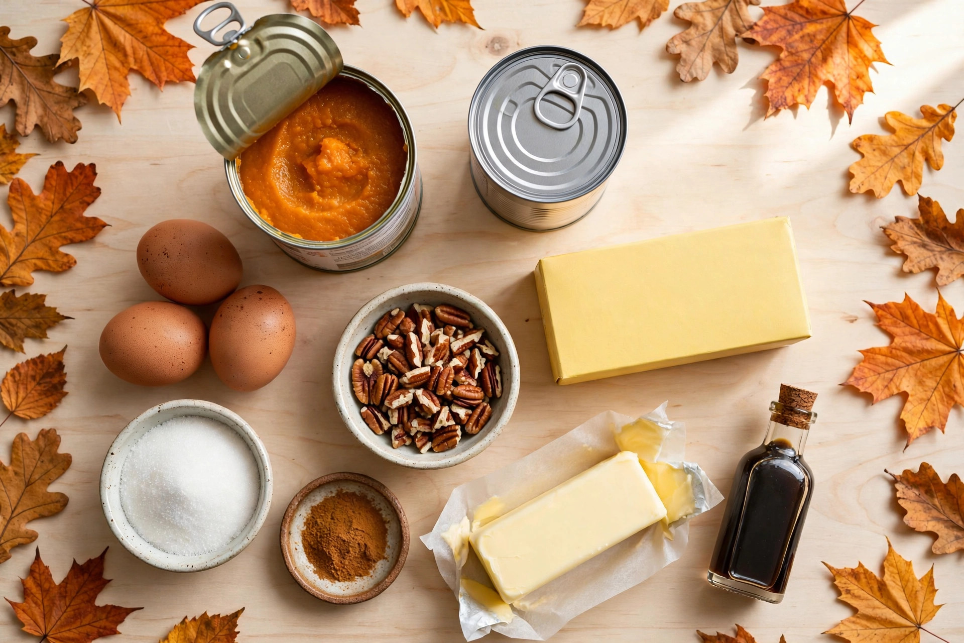 Pumpkin dump cake ingredients flat lay: pumpkin puree, evaporated milk, eggs, pecans, butter, sugar, spice and vanilla