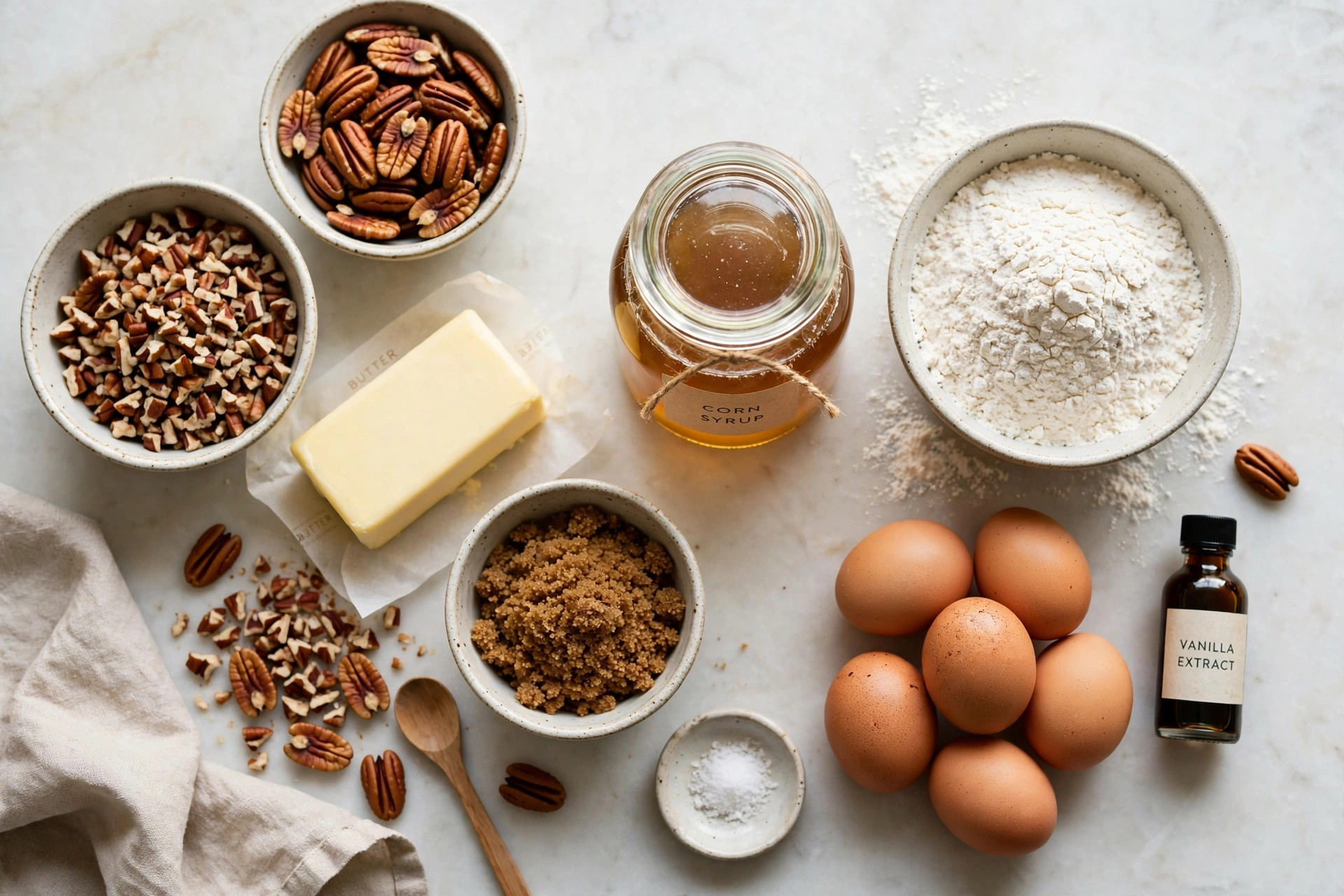 Ingredients for pecan pie bars laid out on a counter: pecans, flour, butter, corn syrup, brown sugar, eggs and vanilla