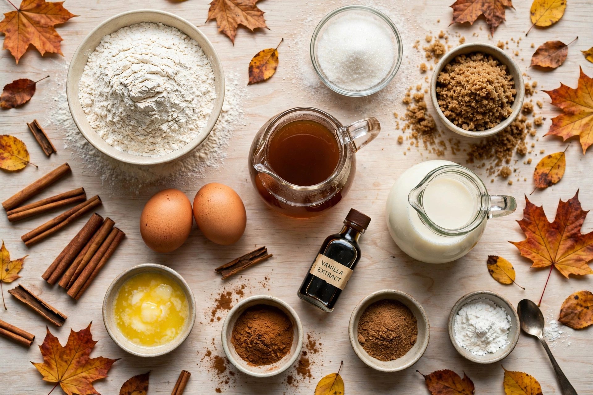 Ingredients for baked apple cider donuts: flour, spices, sugars, eggs, butter, buttermilk, vanilla, and reduced apple cider
