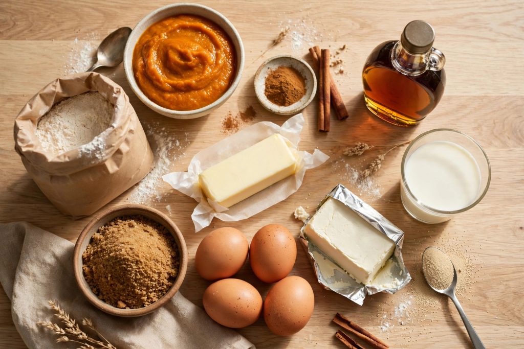 Ingredients for pumpkin cinnamon rolls flat lay