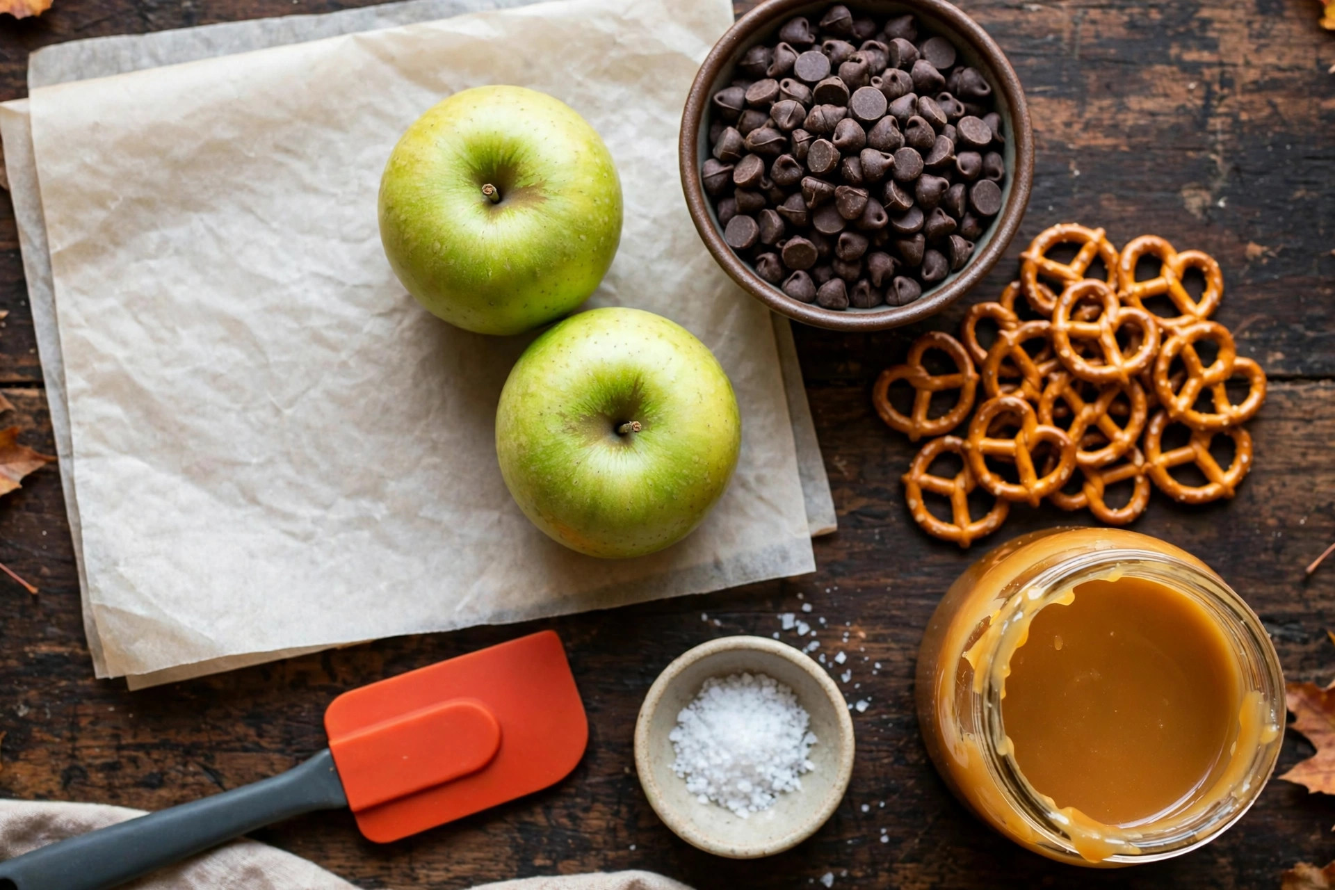 Ingredients for caramel apple bark: Granny Smith apples, chocolate chips, pretzels, caramel sauce, flaky sea salt