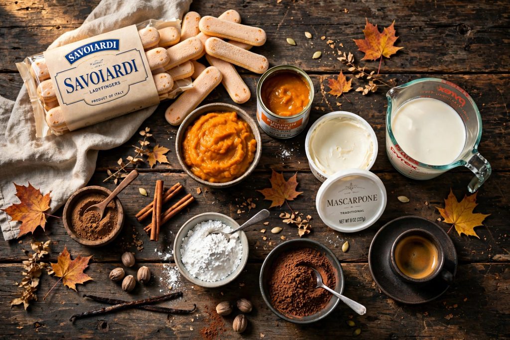 Flat-lay of pumpkin tiramisu ingredients