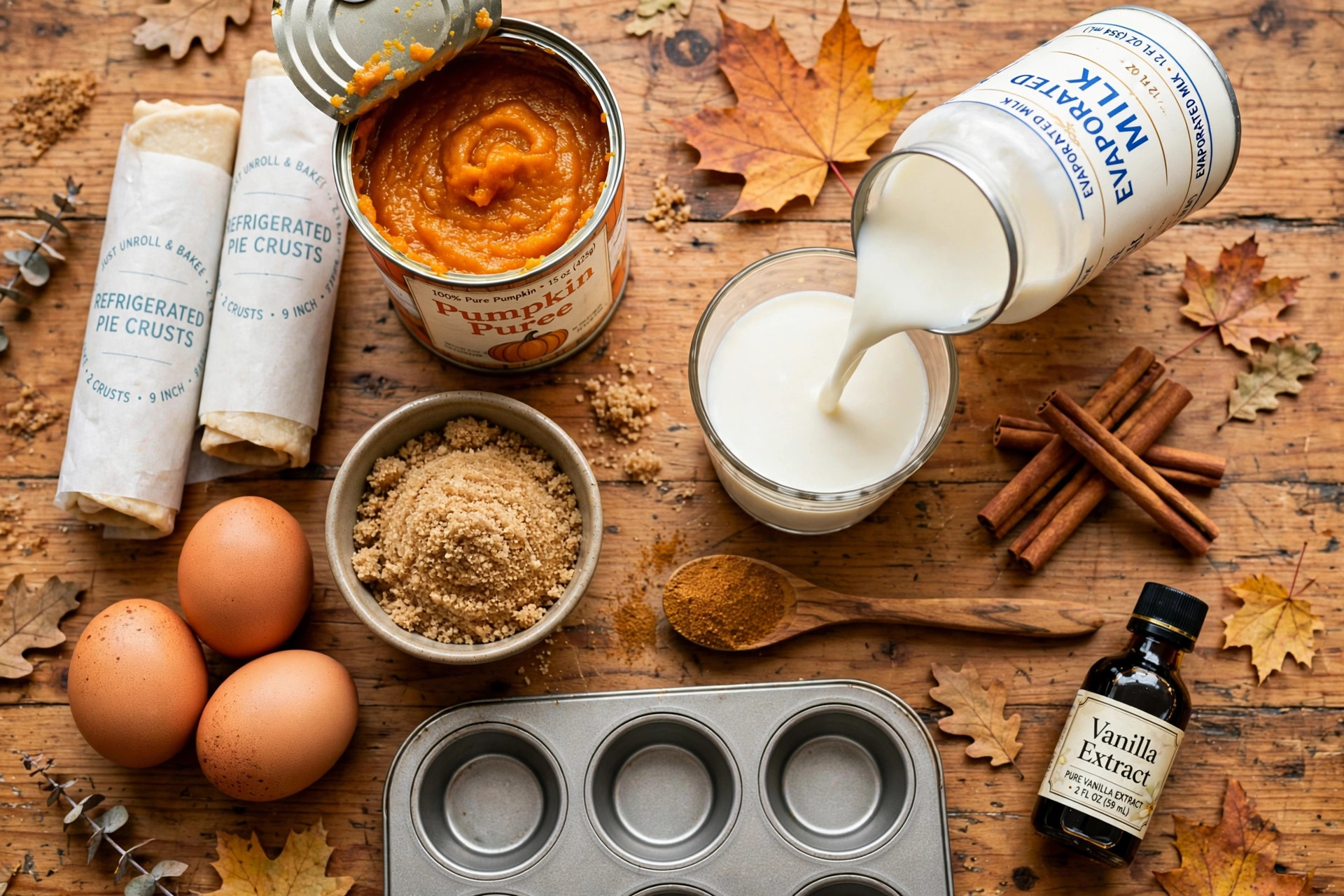 Flat-lay of pumpkin pie bite ingredients: pumpkin puree, pie crusts, eggs, brown sugar, evaporated milk, pumpkin pie spice