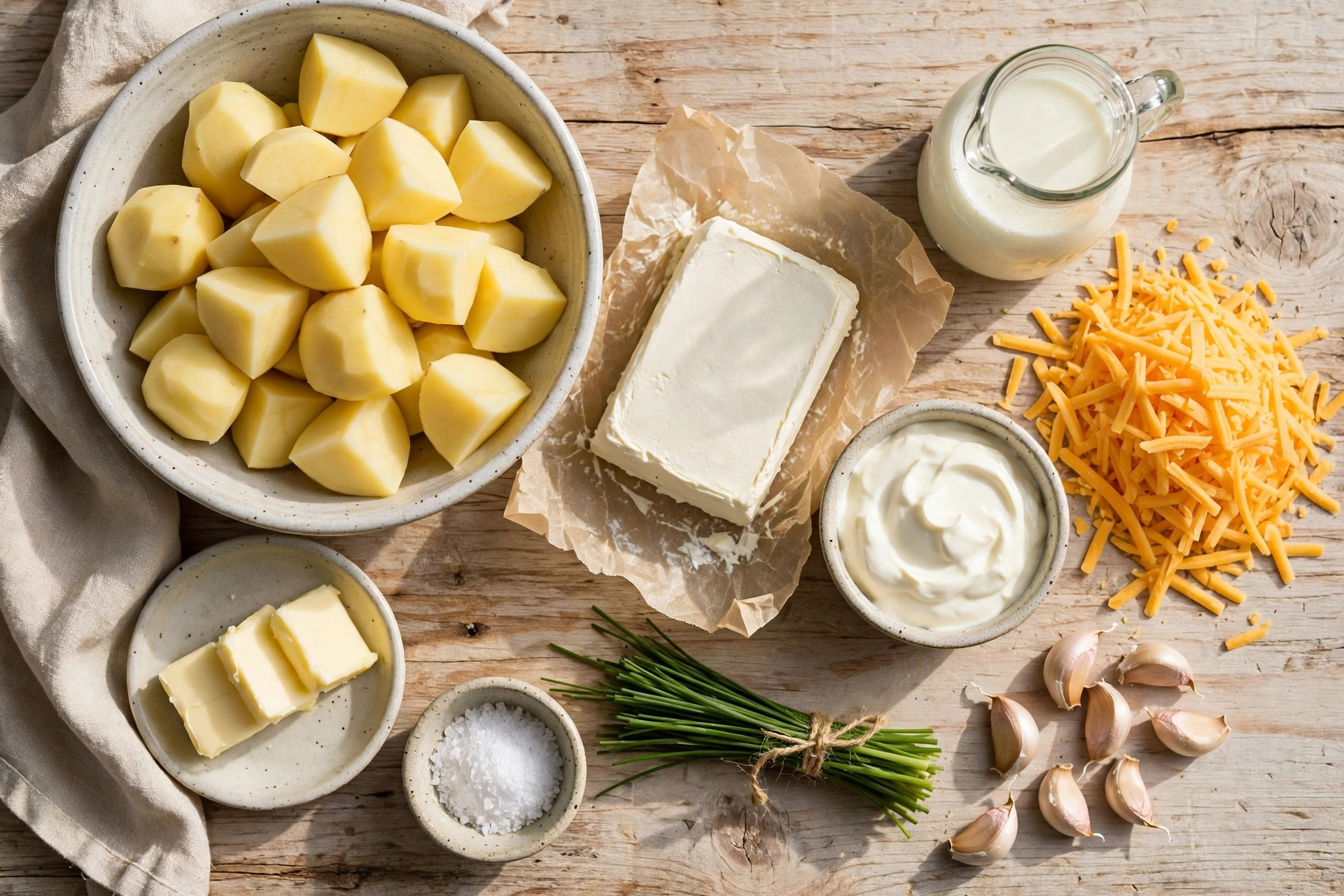 Ingredients for make ahead mashed potato casserole: Yukon Gold potatoes, cream cheese, sour cream, butter, milk, cheddar, chives