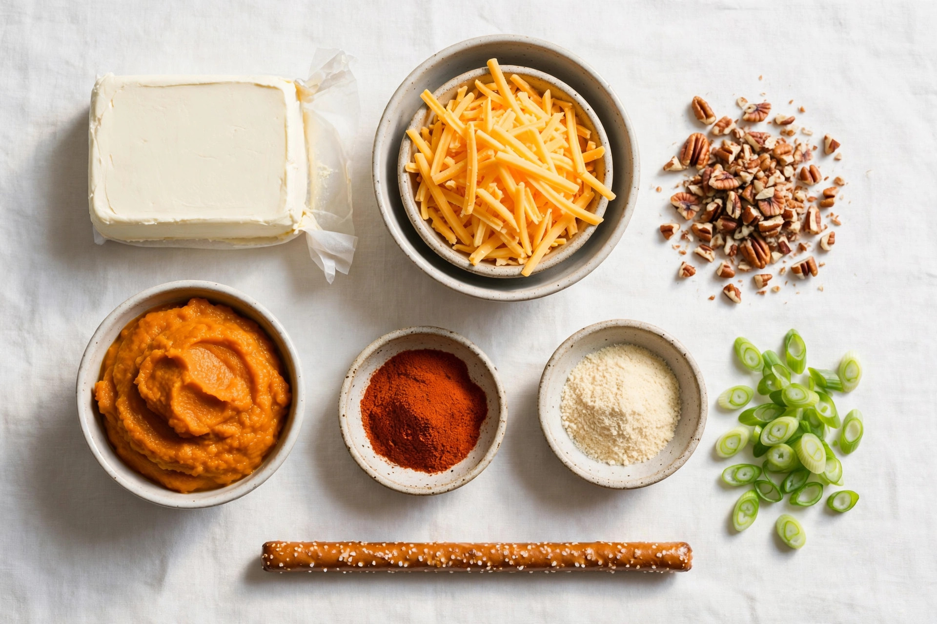 Ingredients for pumpkin cheese ball arranged on a kitchen counter