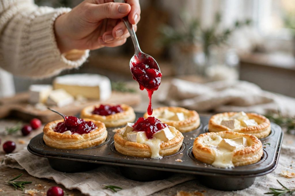Spooning cranberry sauce over brie cubes in puff pastry cups in a mini muffin tin