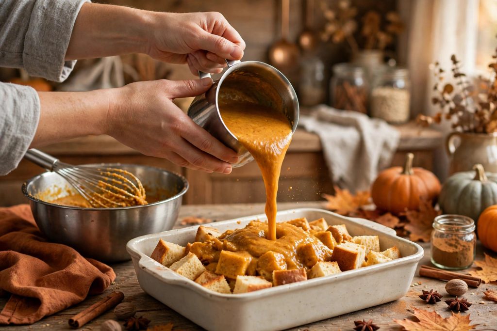 Pouring spiced pumpkin custard over brioche cubes in a baking dish