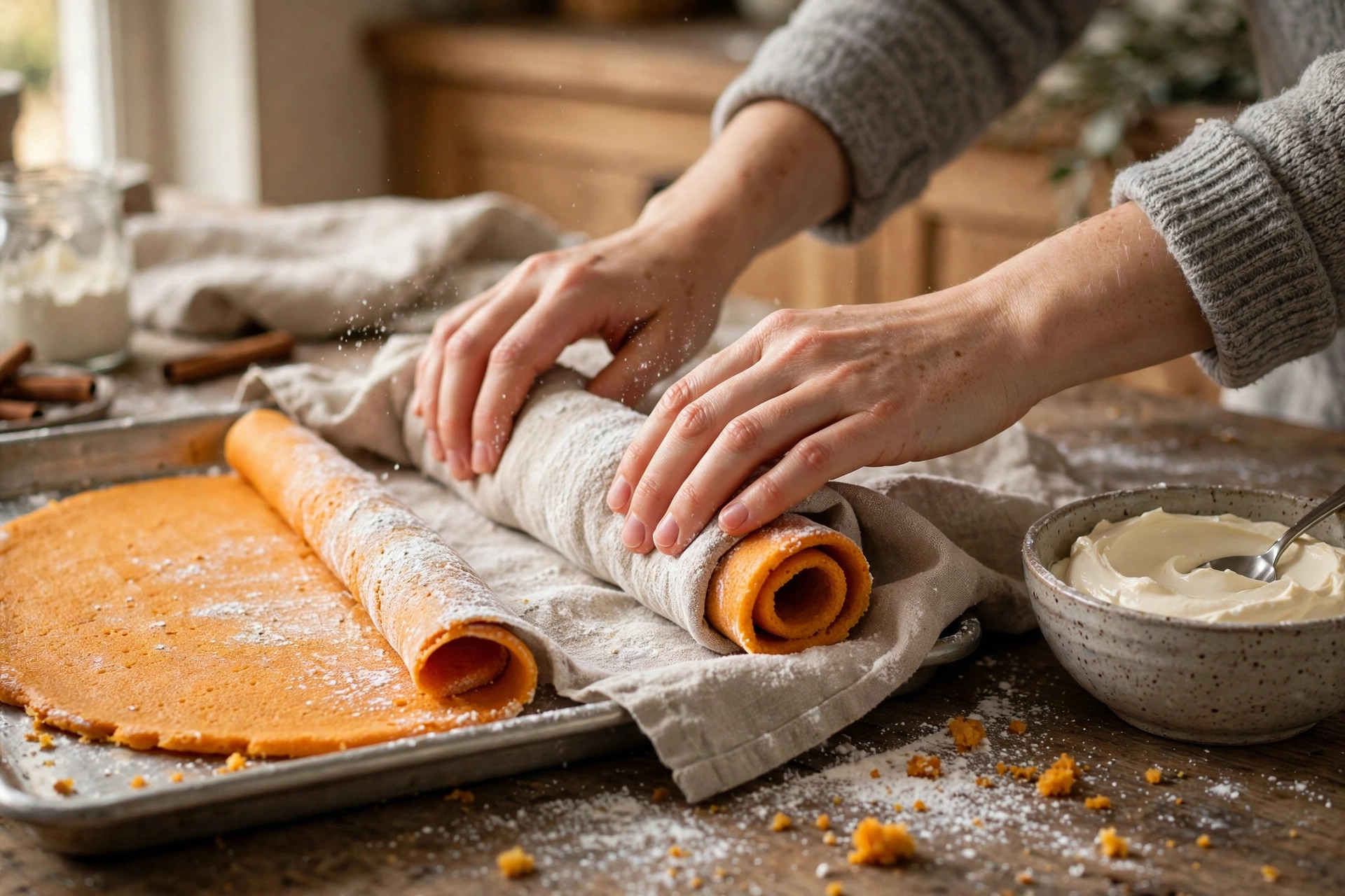 Rolling the warm pumpkin sponge in a sugared towel