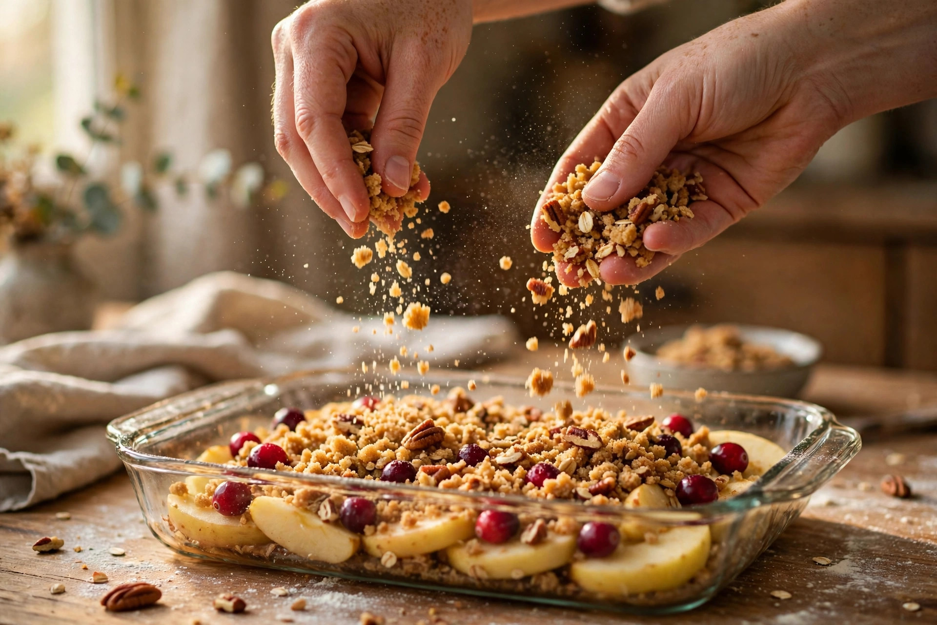 Sprinkling the oat pecan topping over apples and cranberries