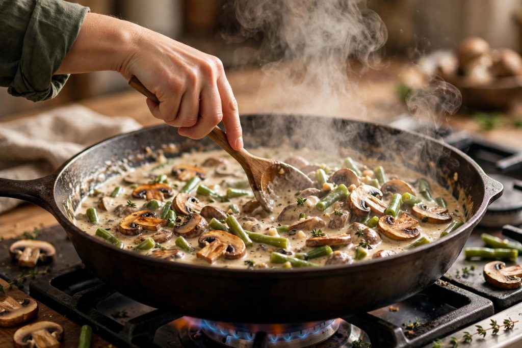 Cooking green bean casserole from scratch, stirring green beans and mushrooms in a creamy sauce in a skillet