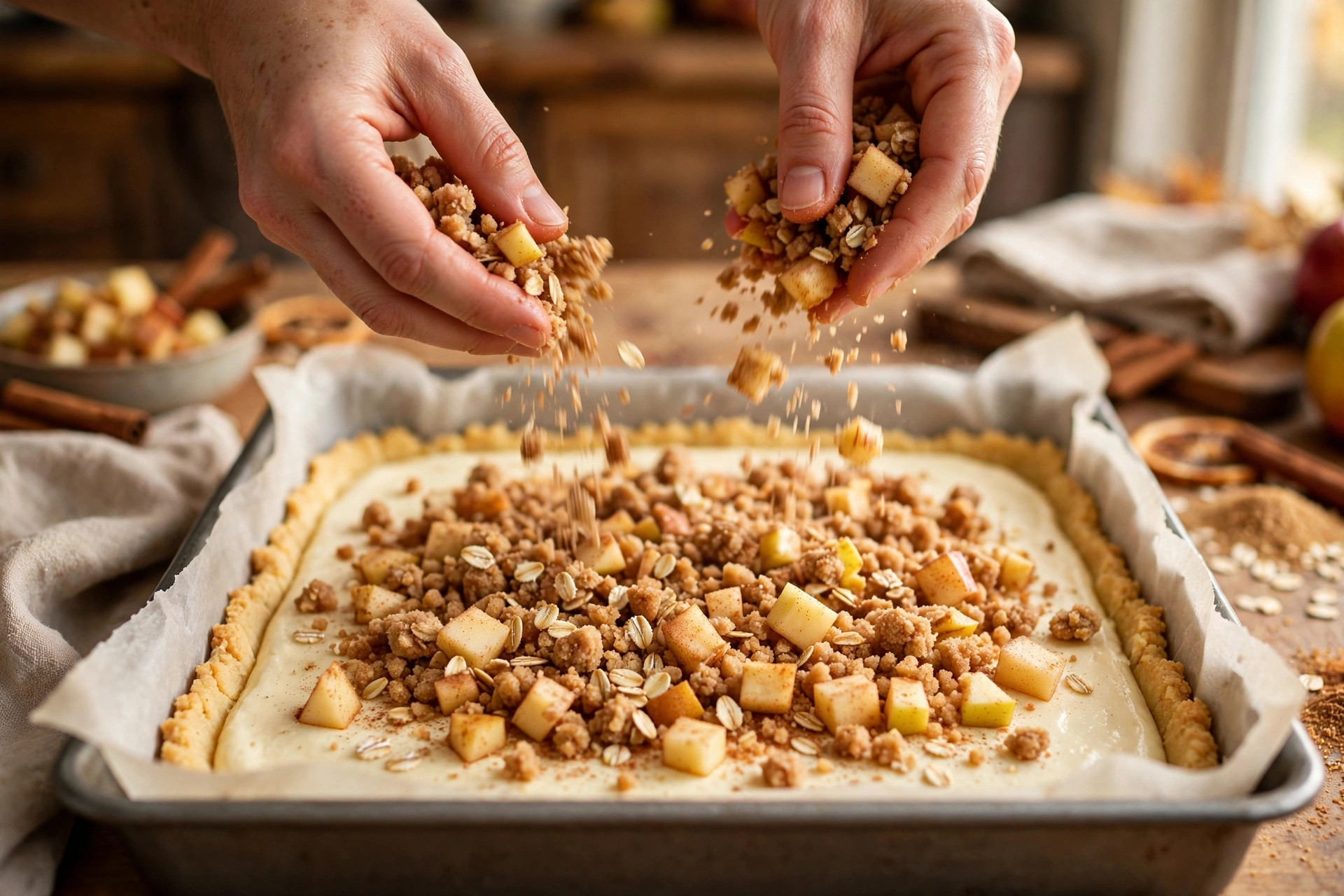 Scattering cinnamon apples and oat streusel over cheesecake filling in a baking pan