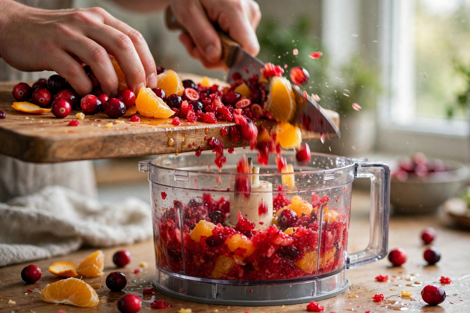 Pulsing fresh cranberries and orange quarters in a food processor for cranberry orange relish