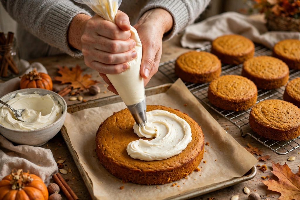 Piping cream cheese filling onto a pumpkin cake