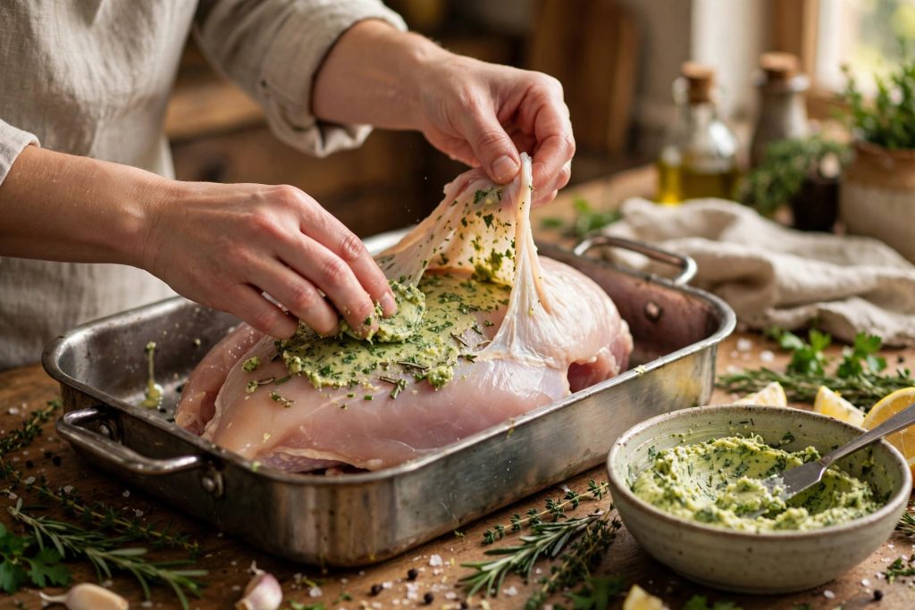 Spreading herb butter under turkey breast skin