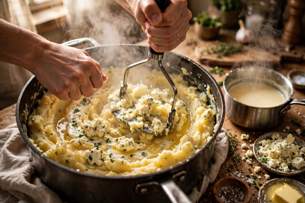 Mashing potatoes action shot