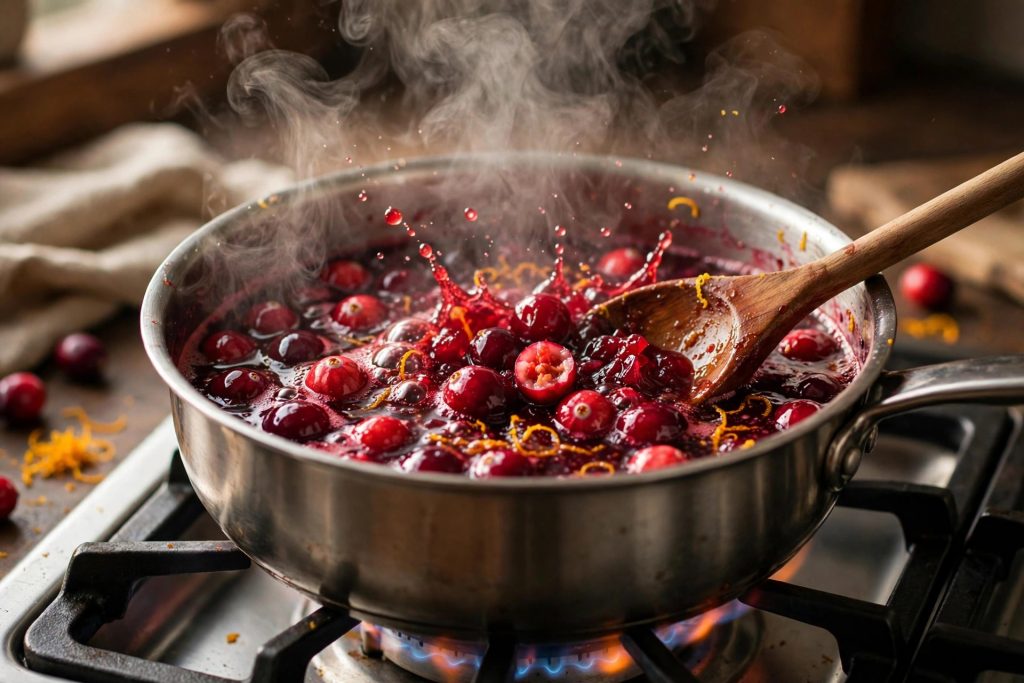 Cranberries simmering and bursting in a saucepan