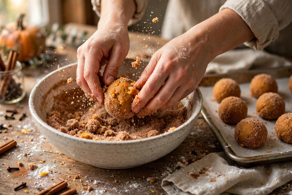Hands rolling pumpkin snickerdoodle dough balls in cinnamon-sugar coating
