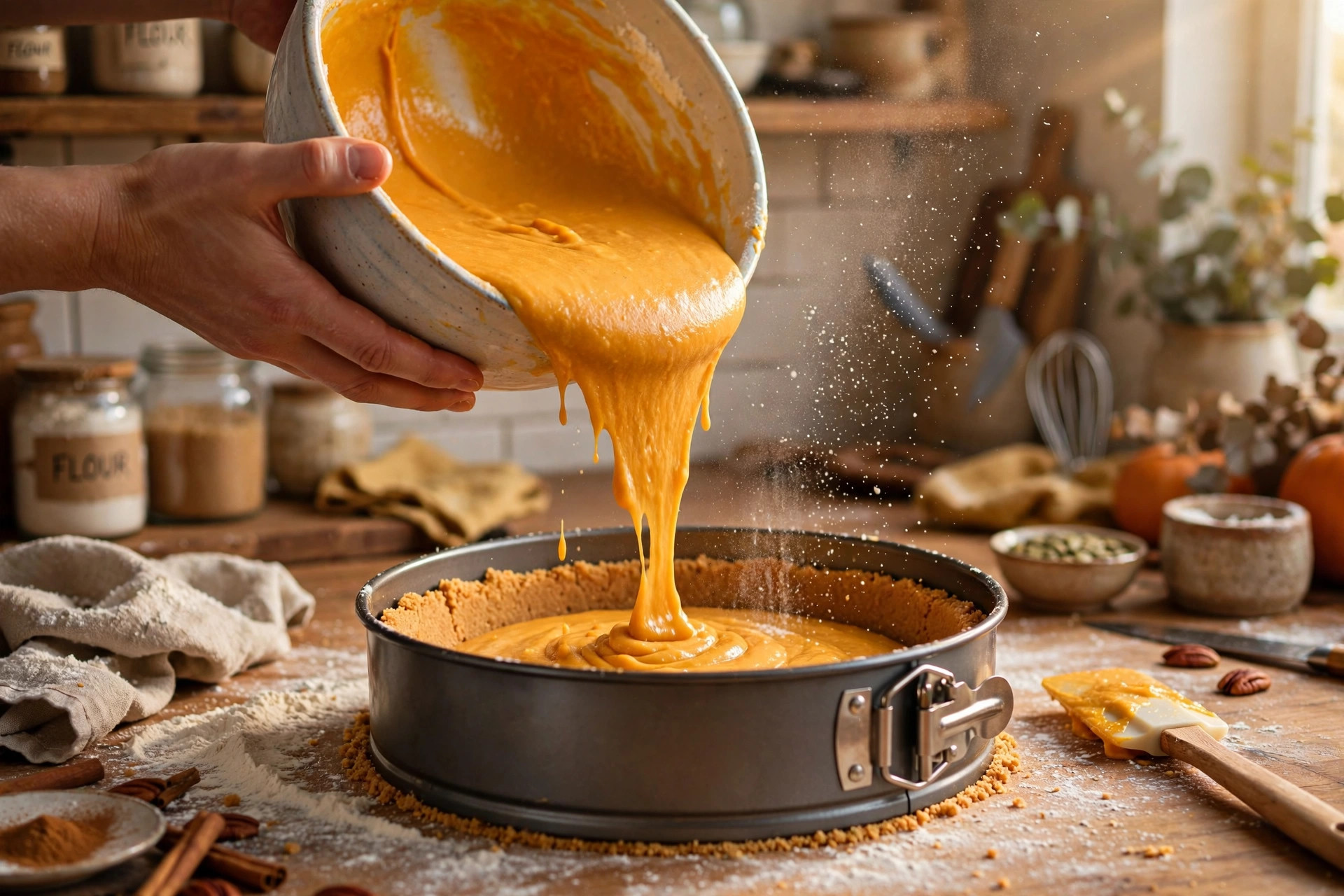 Pouring pumpkin pie cheesecake batter into a graham cracker crust in a springform pan