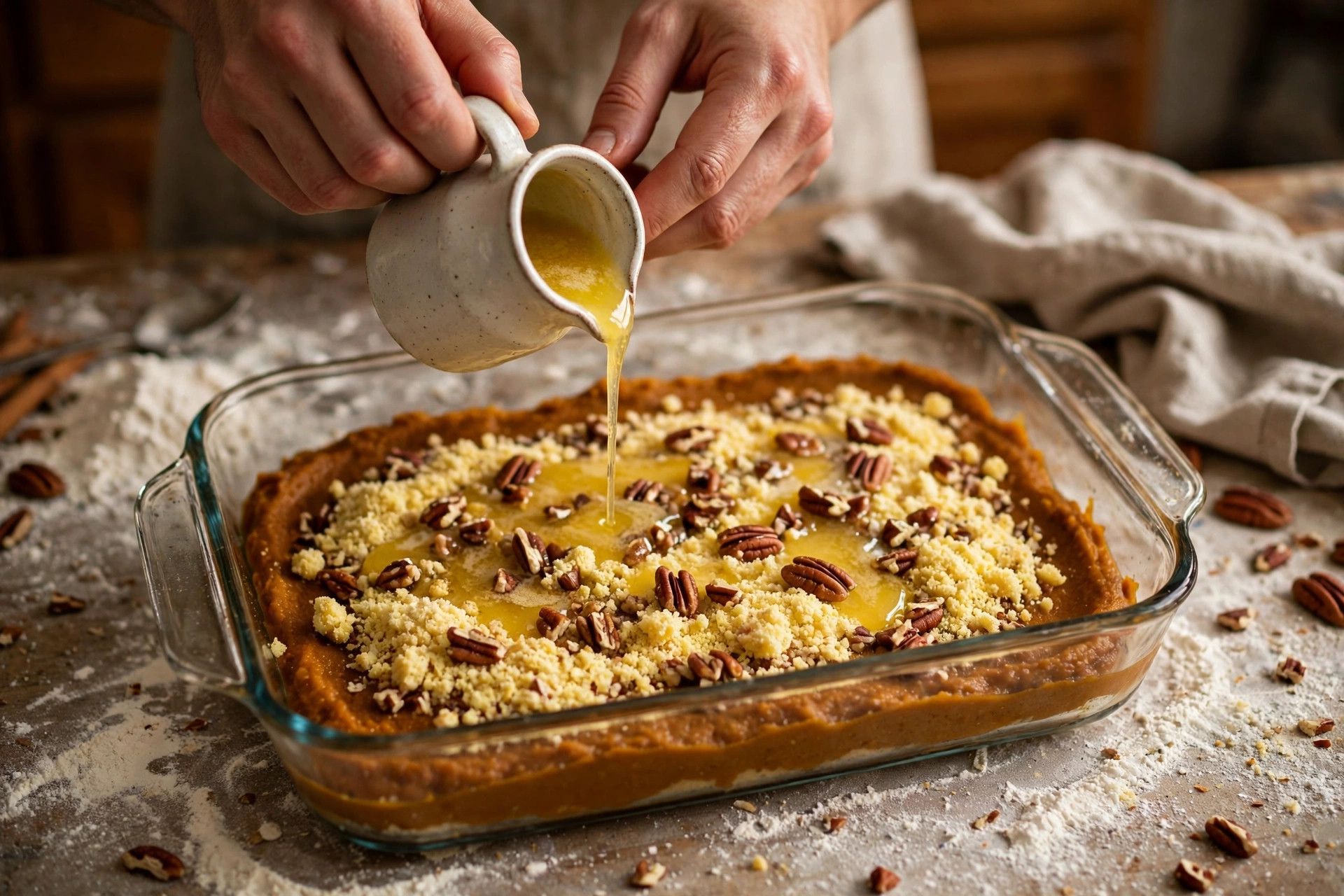 Drizzling melted butter over dry cake mix and pecans on the pumpkin layer