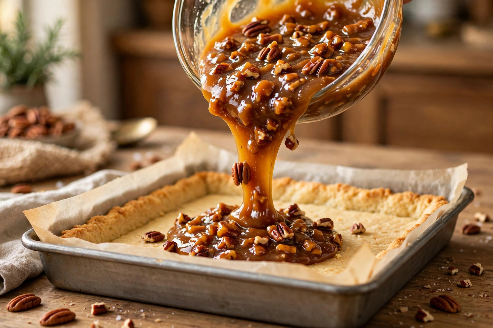 Pouring the caramel pecan filling over the par-baked shortbread crust to assemble pecan pie bars
