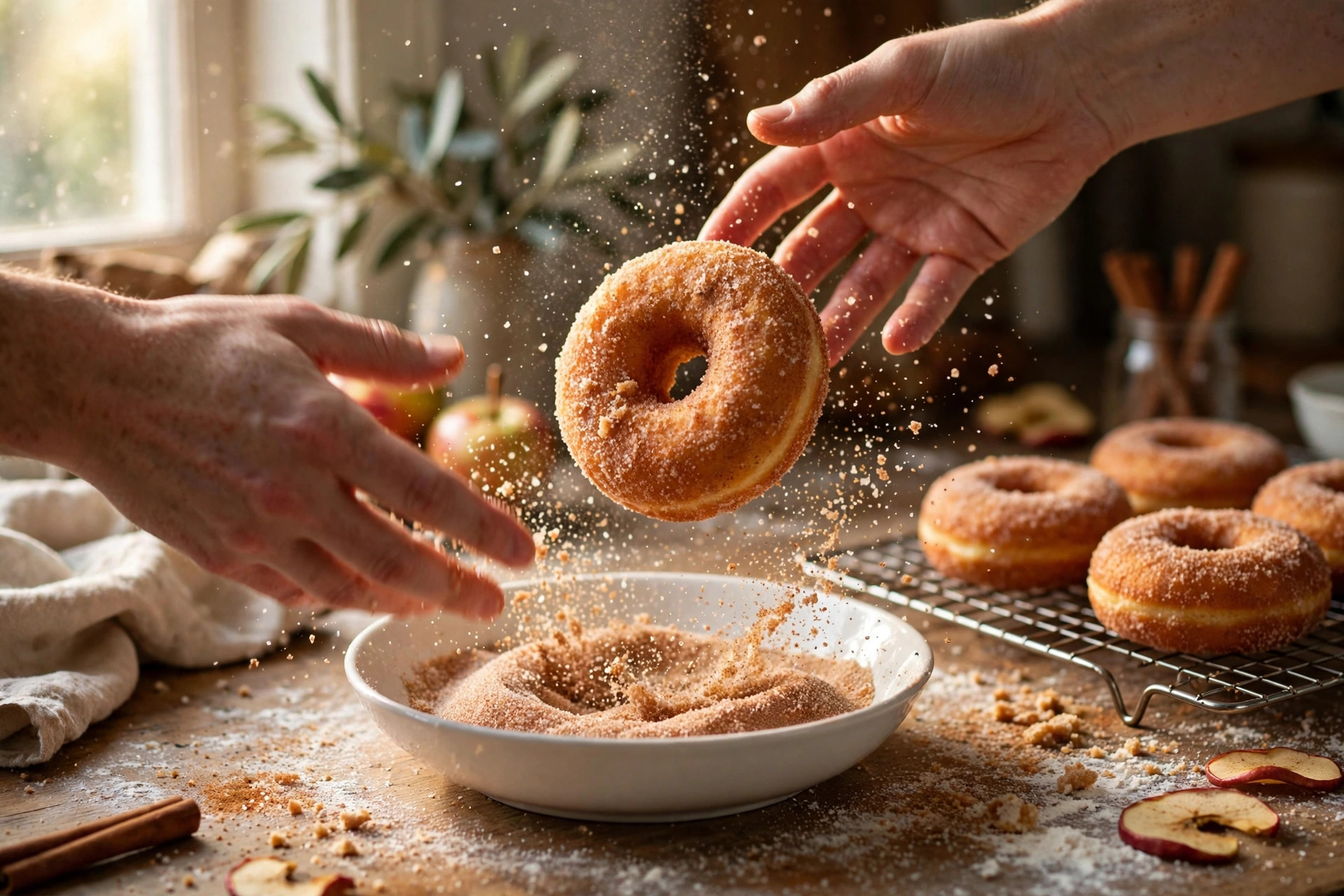 Piping apple cider donut batter into a greased donut pan