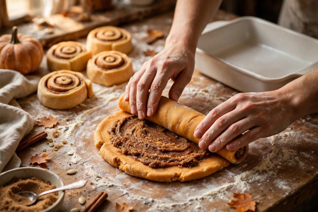 Rolling pumpkin cinnamon roll dough with cinnamon sugar filling