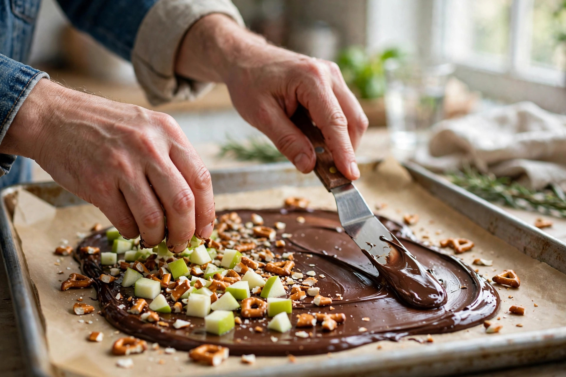 Spreading melted chocolate on a baking sheet and scattering apple pieces and pretzels for caramel apple bark