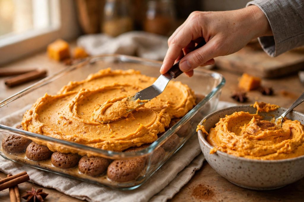 Spreading pumpkin mascarpone cream over espresso-soaked ladyfingers