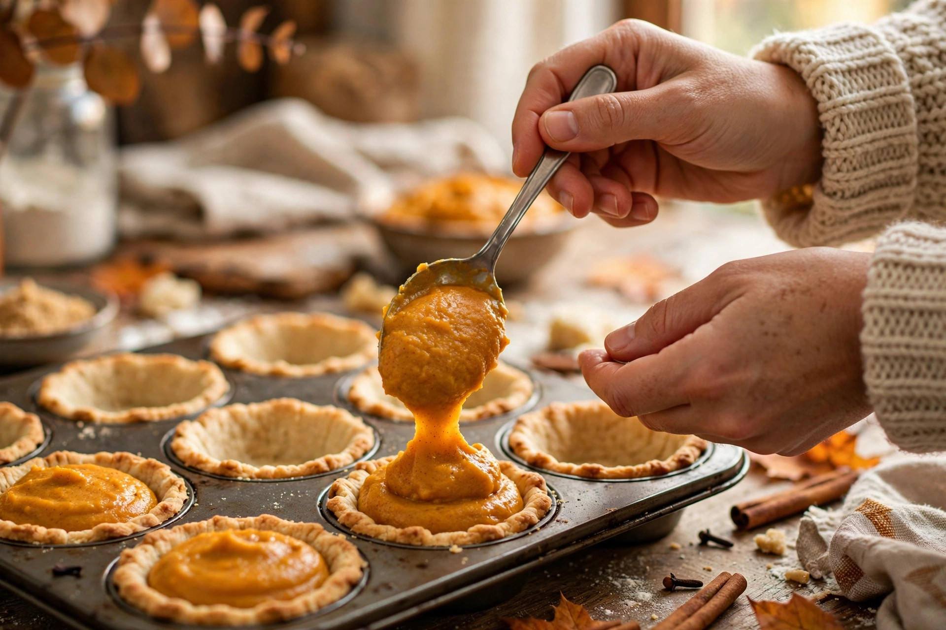 Spooning pumpkin filling into pie-crust-lined mini muffin tin cups
