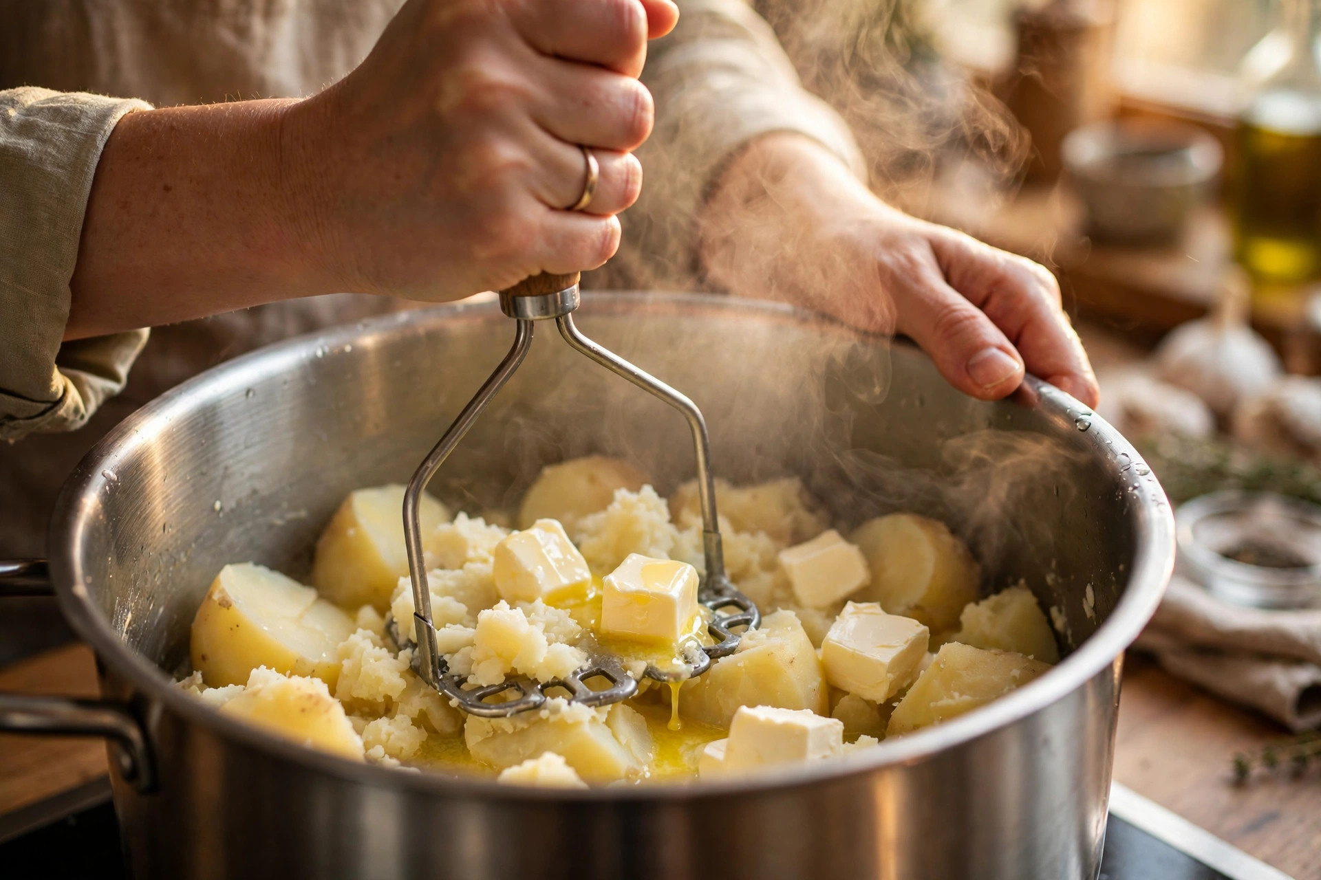 Mashing hot boiled potatoes with butter in a pot